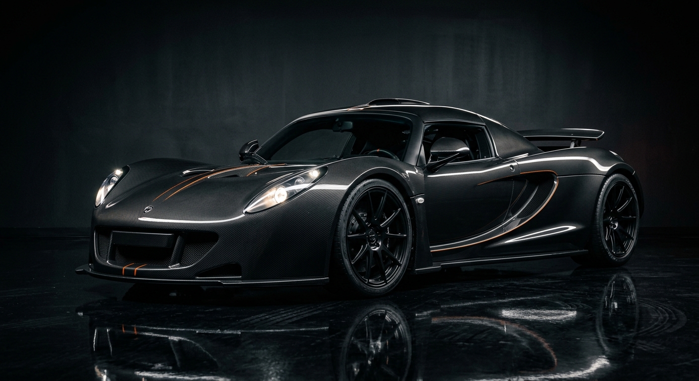 2014 Hennessey Venom GT hypercar in dramatic studio lighting against dark background with reflective floor