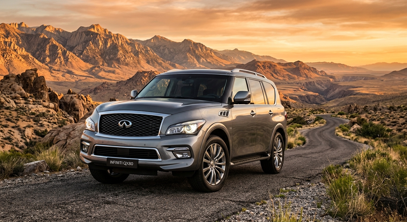2014 Infiniti QX80 luxury SUV photographed in dramatic outdoor setting with mountain landscape