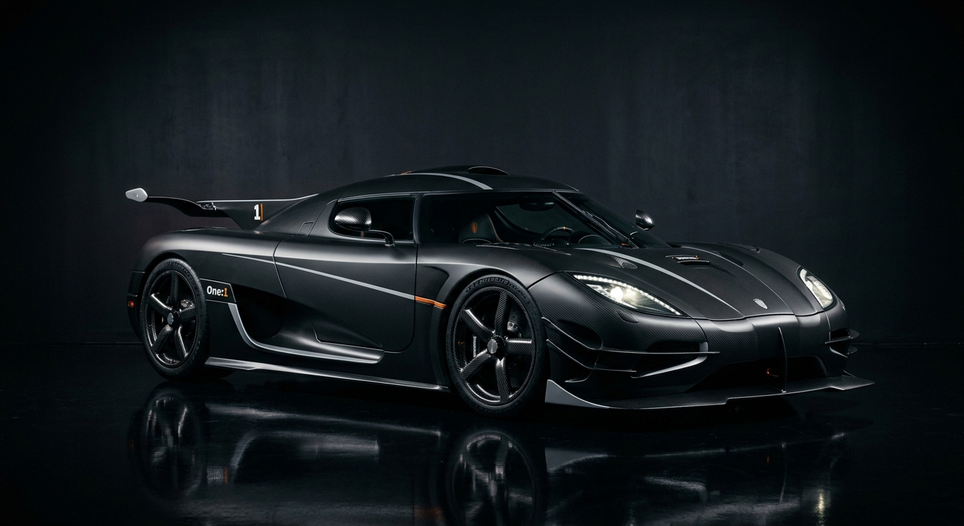 2014 Koenigsegg One:1 hypercar in dramatic studio lighting with dark background and reflective floor