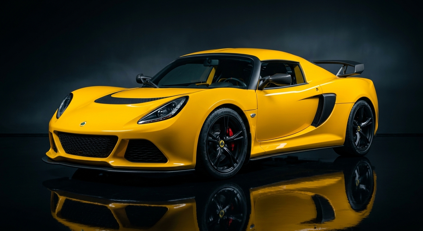 2014 Lotus Exige S V6 sports car in dramatic studio lighting against dark background