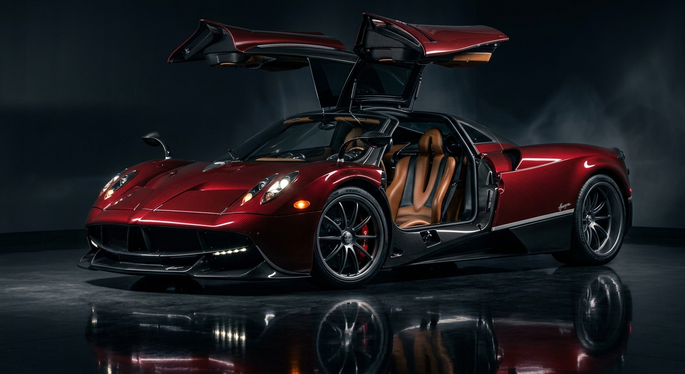 2014 Pagani Huayra hypercar in dramatic studio lighting with carbon fiber body and gullwing doors