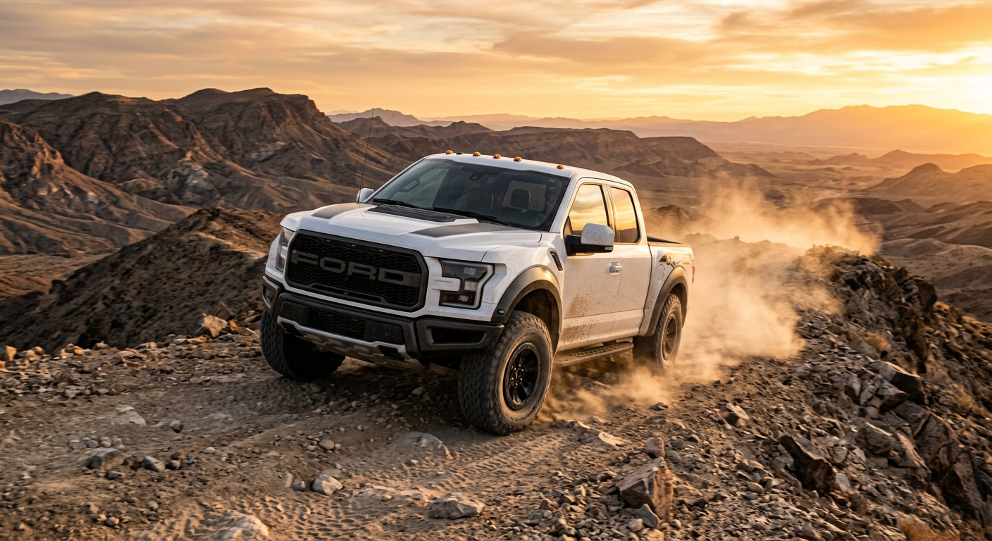 2015 Ford F-150 SVT Raptor pickup truck in dramatic desert landscape setting
