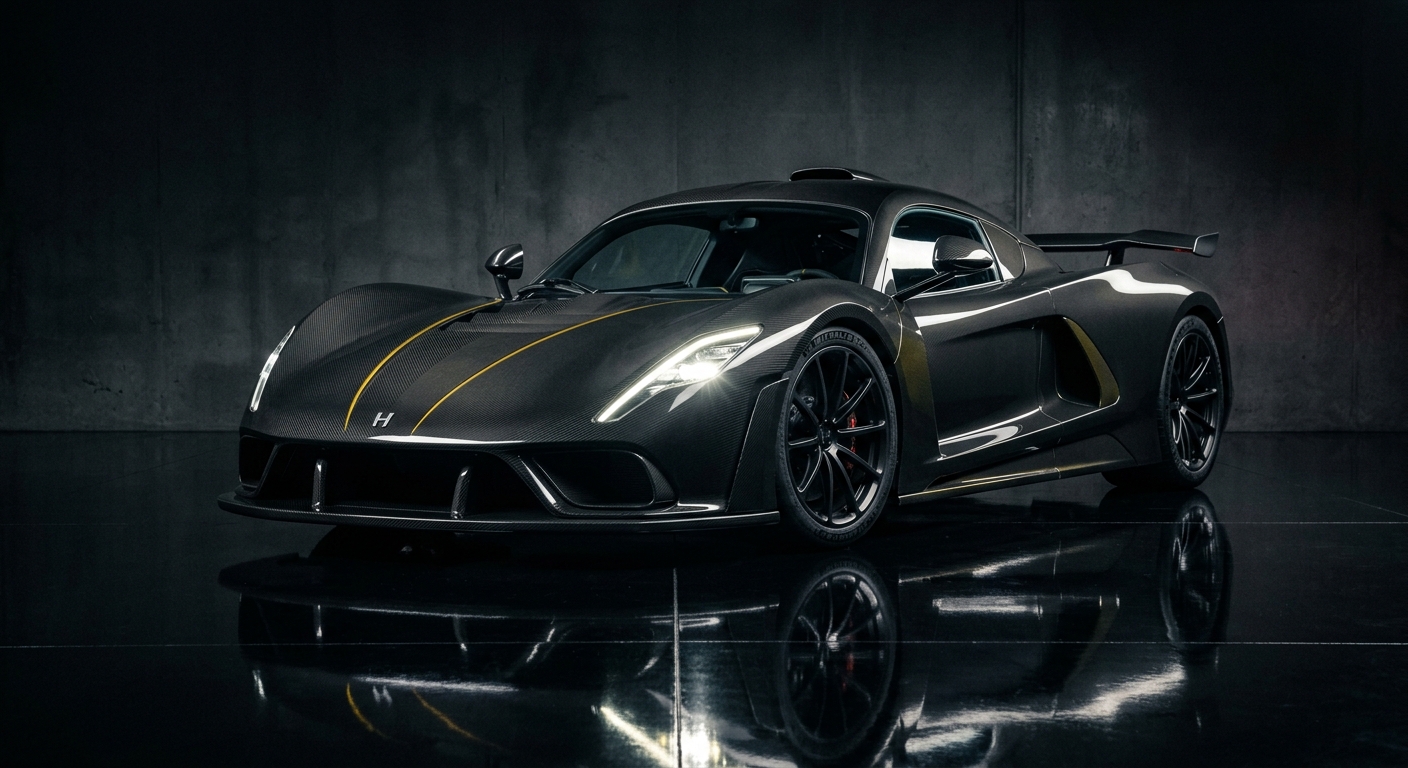 2015 Hennessey Venom F5 hypercar in dramatic studio lighting with dark background and reflective floor
