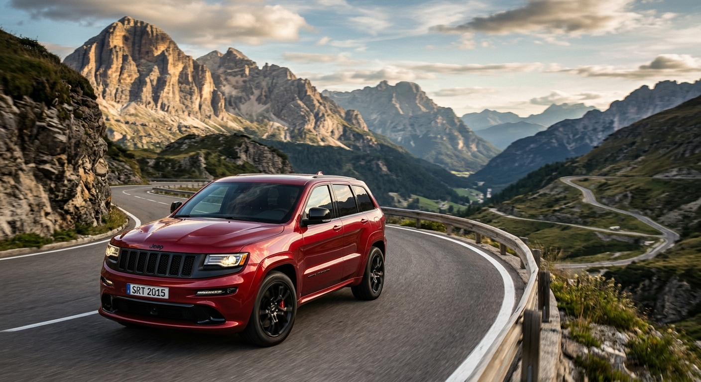 2015 Jeep Grand Cherokee SRT in dramatic outdoor setting with mountainous landscape background