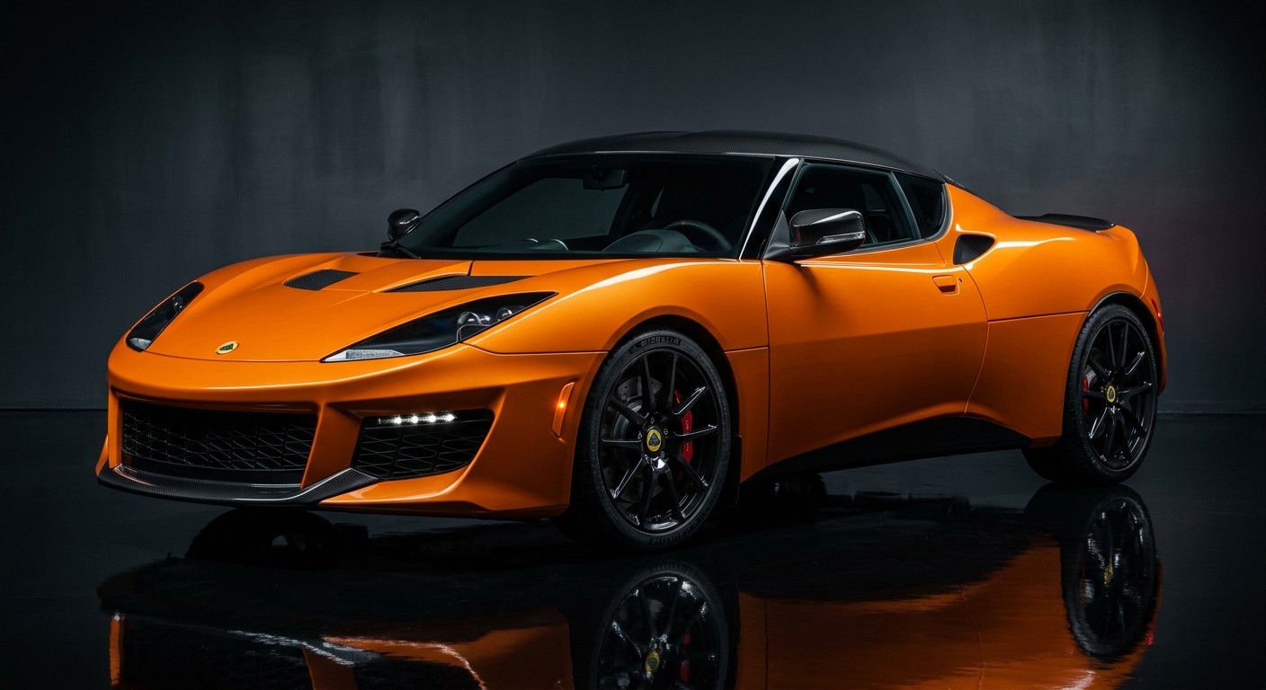 2015 Lotus Evora 400 sports car in dramatic studio lighting with dark background and reflective floor