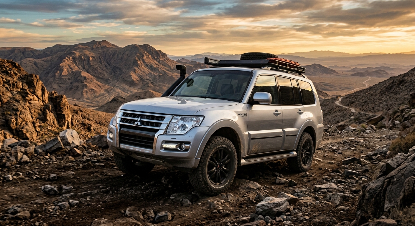 2015 Mitsubishi Pajero Montero Limited silver SUV parked on rocky mountain terrain with dramatic landscape background