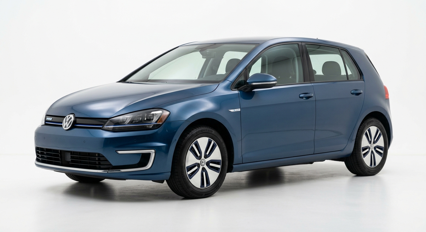 2015 Volkswagen e-Golf electric hatchback in clean minimal white studio lighting