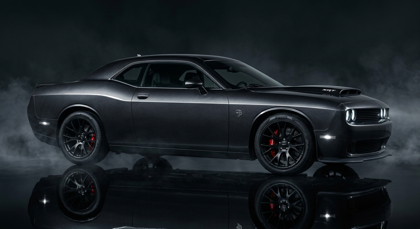 2016 Dodge Challenger SRT Hellcat muscle car in dramatic studio lighting with dark background