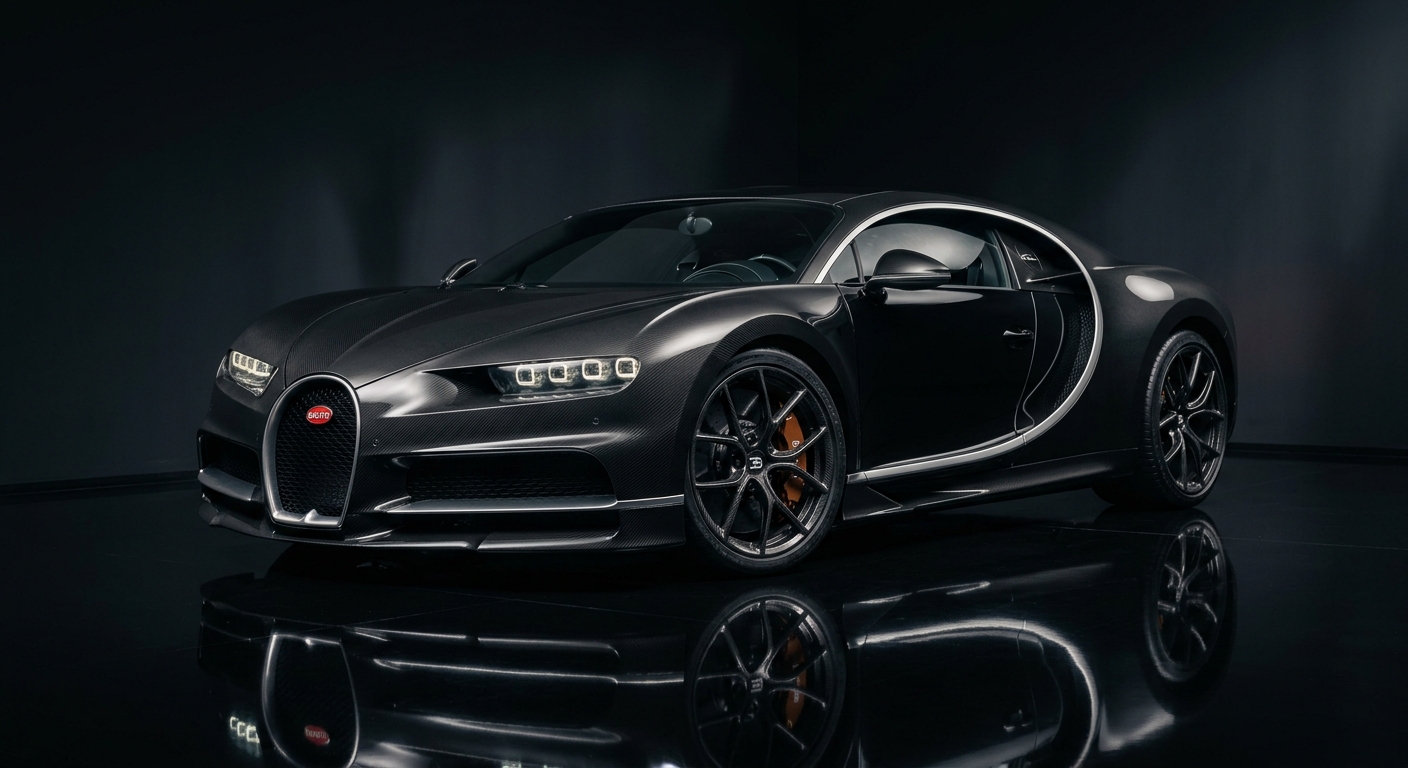2017 Bugatti Chiron hypercar in dramatic studio lighting with dark background and reflective floor