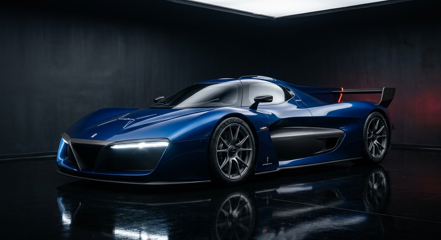 2017 Pininfarina H2 Speed hydrogen supercar in dramatic studio lighting with dark background