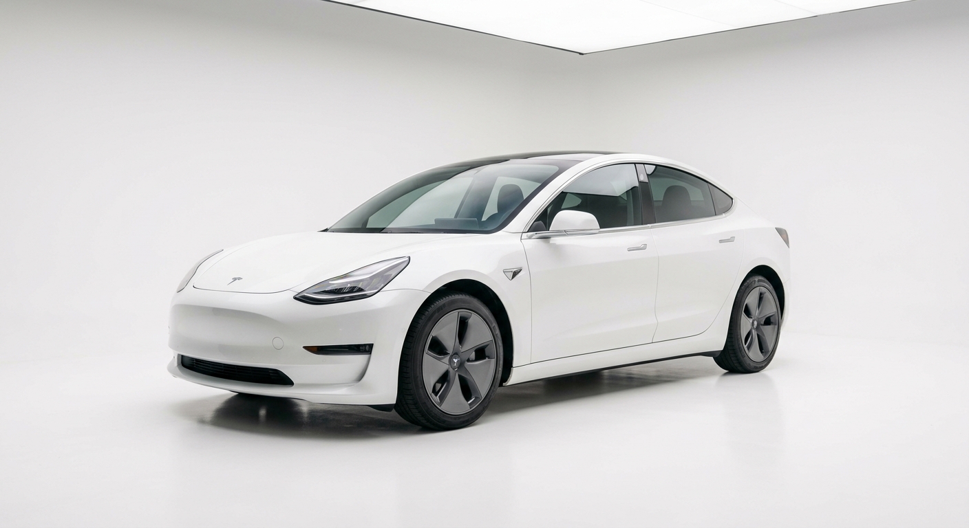 2017 Tesla Model 3 electric sedan in clean minimal studio with white background and soft lighting