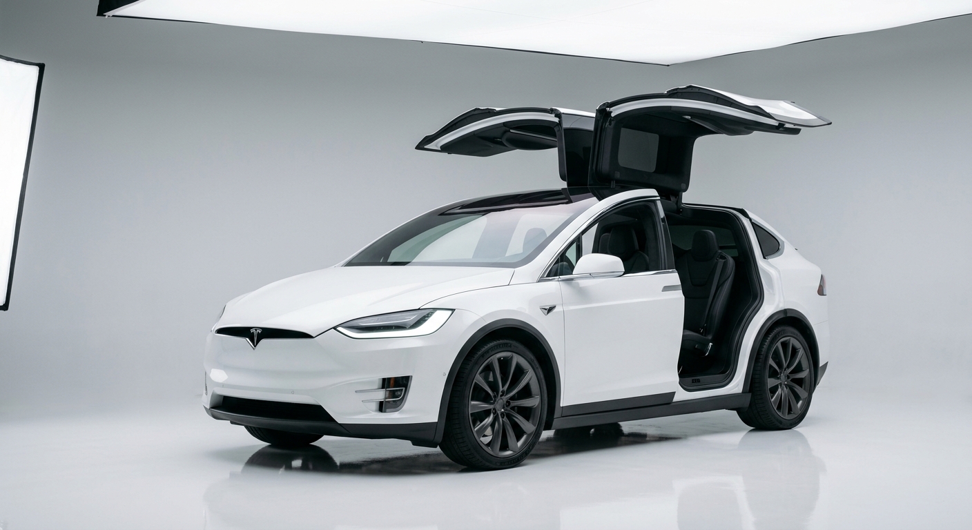 2017 Tesla Model X P100D electric SUV in clean white studio with falcon wing doors open