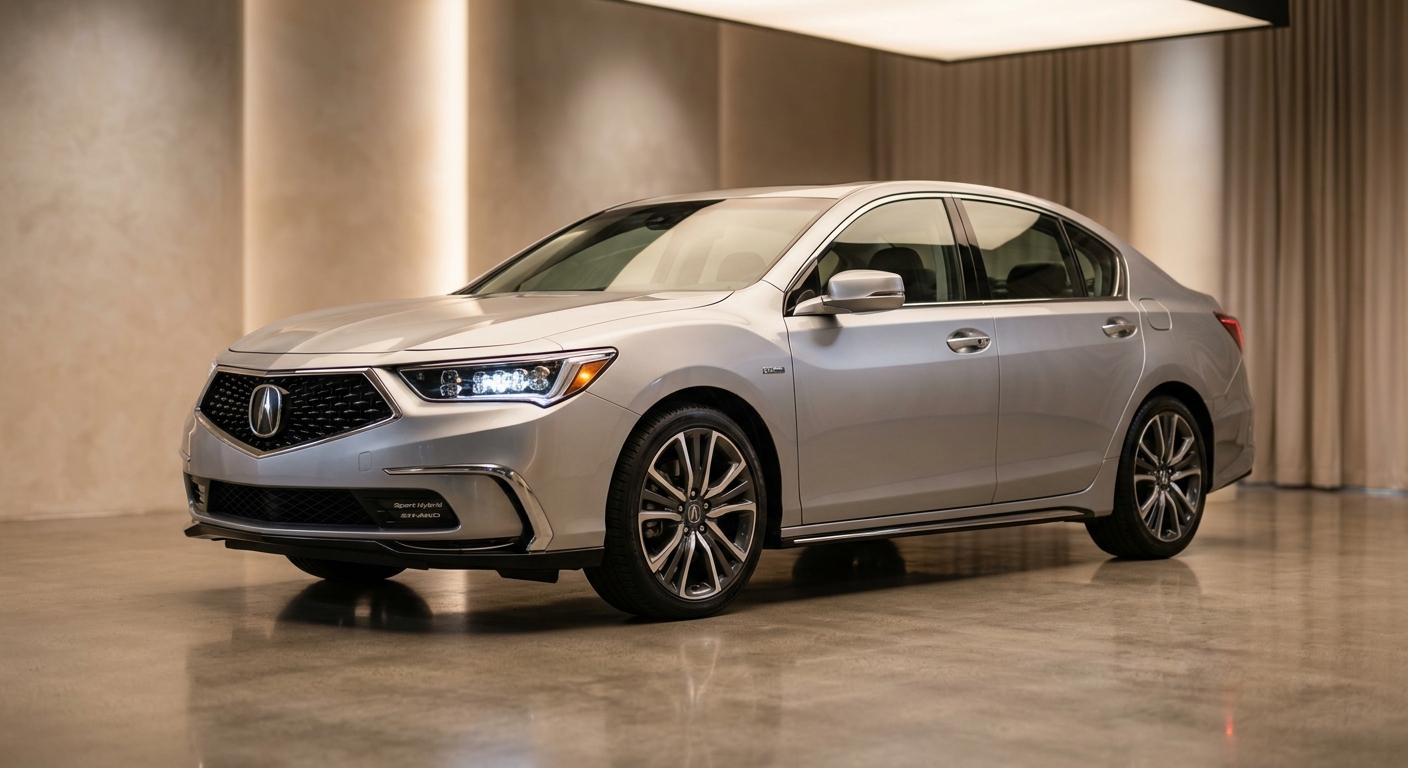 2018 Acura RLX Sport Hybrid SH-AWD luxury sedan in elegant studio setting with soft warm lighting