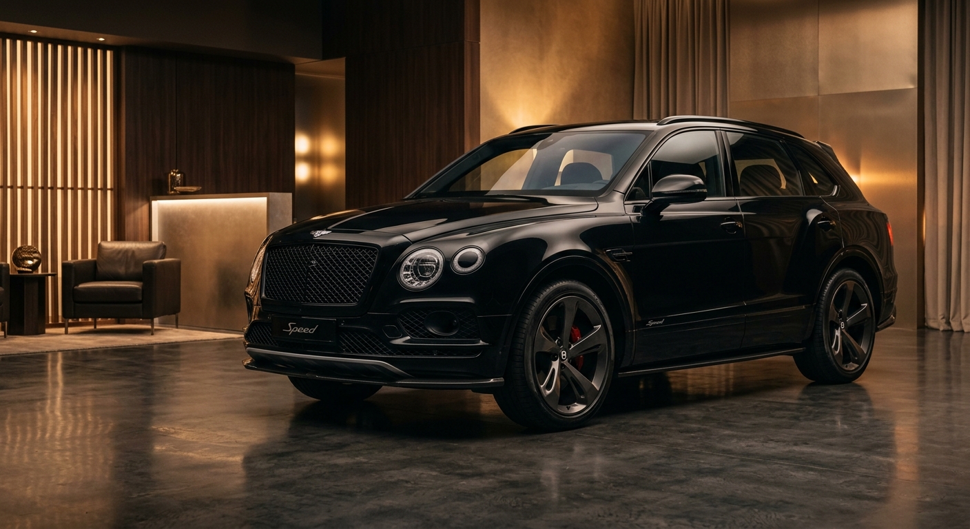 2018 Bentayga Speed luxury SUV in elegant studio setting with warm lighting showcasing premium British craftsmanship