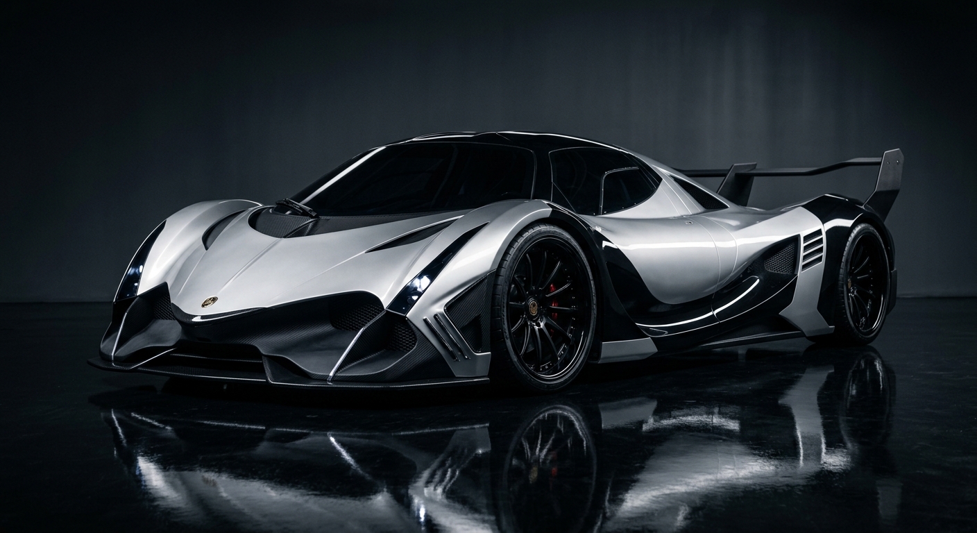 2018 Devel Sixteen hypercar in dramatic studio lighting with dark reflective background