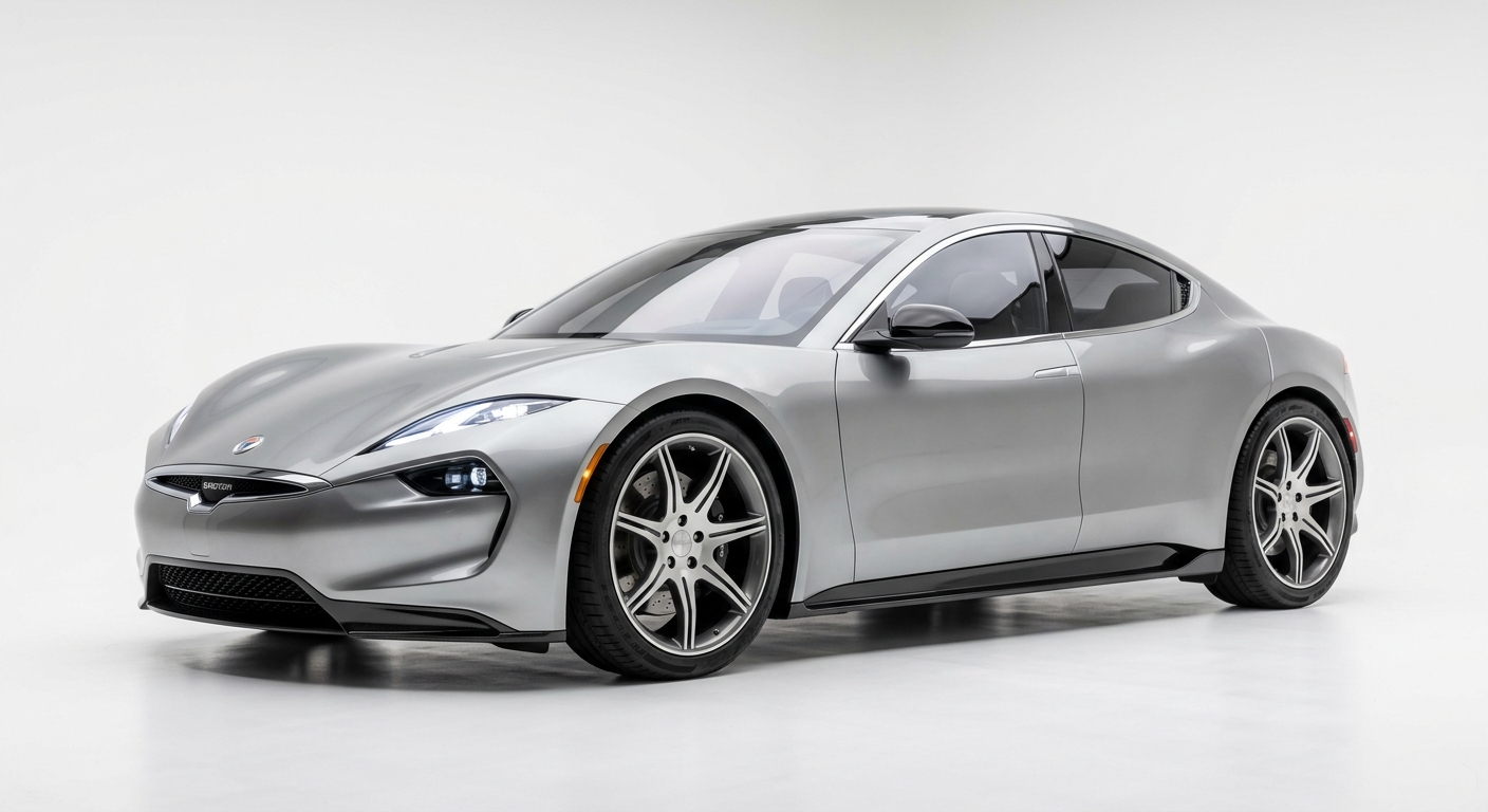 2018 Fisker EMotion electric luxury sedan in silver, studio setting with clean modern lighting
