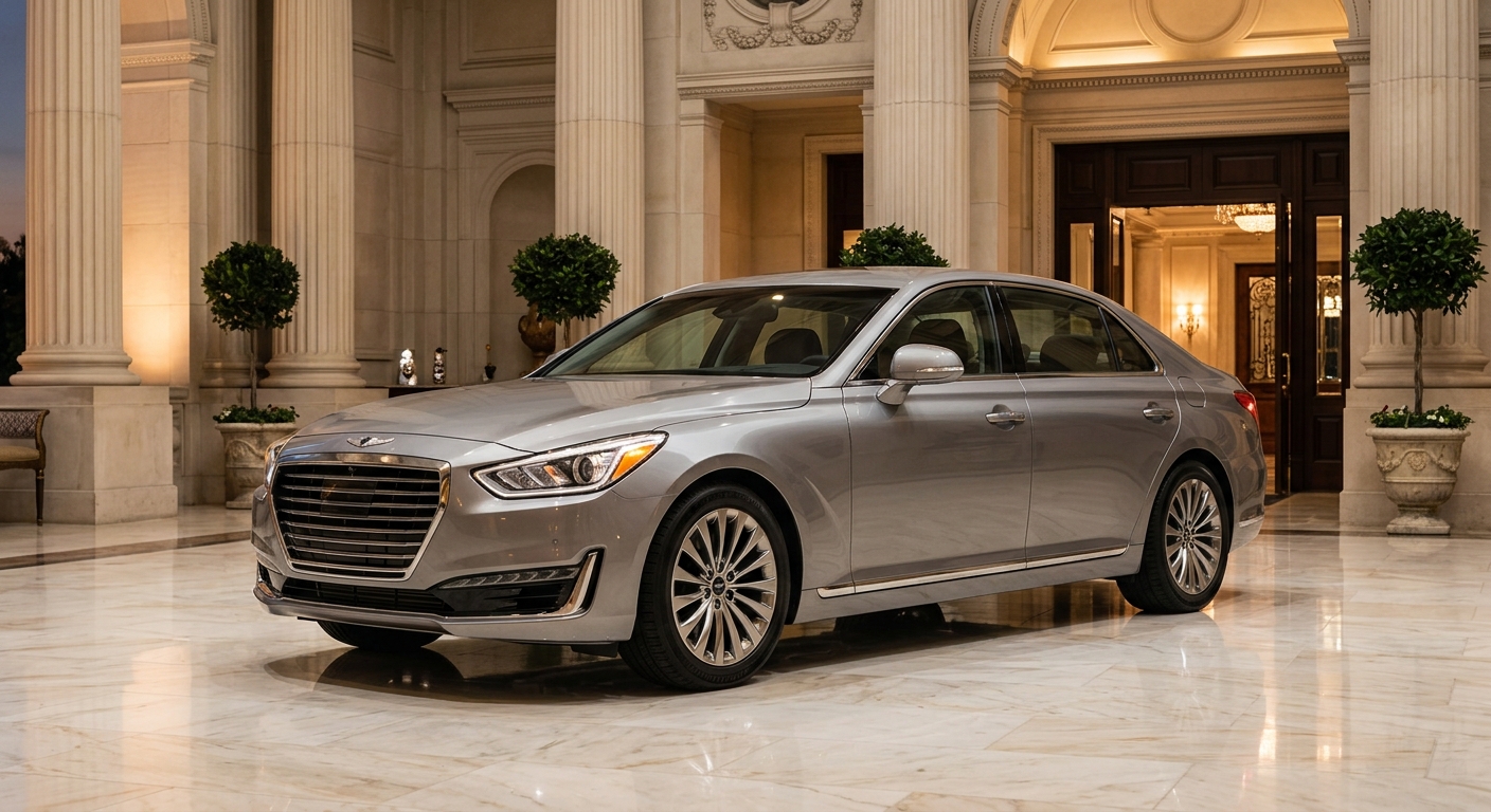 2018 Genesis G90 5.0 Ultimate luxury sedan in elegant studio lighting with soft warm background