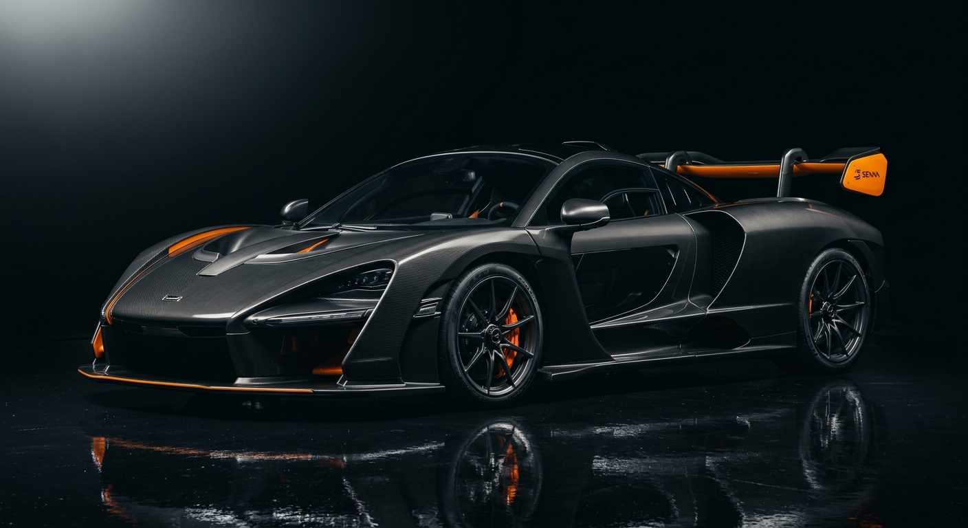 2018 McLaren Senna hypercar in dramatic studio lighting showing aggressive aerodynamic design