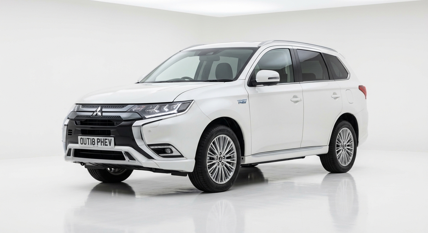 2018 Mitsubishi Outlander PHEV hybrid SUV in pearl white photographed in clean modern studio setting