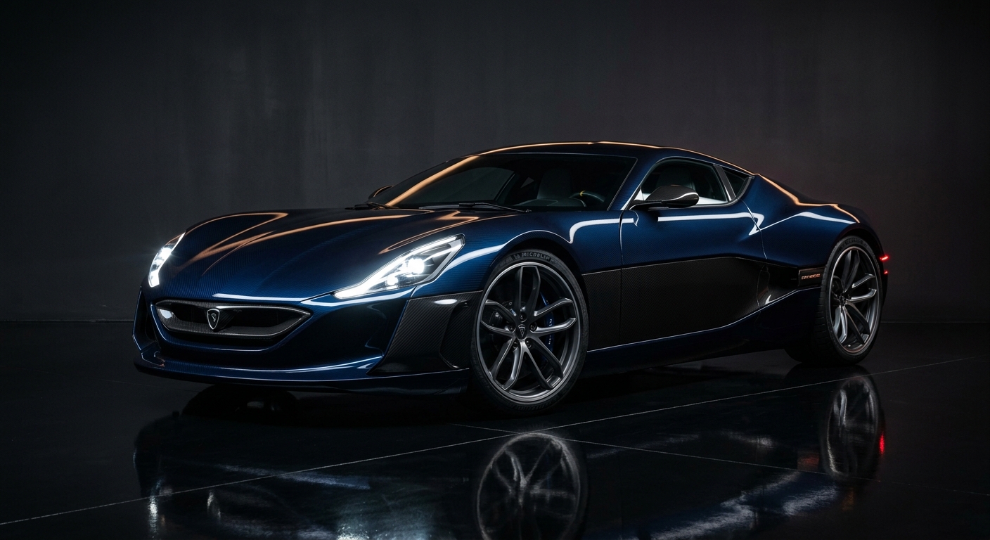 2018 Rimac Concept One electric hypercar in dramatic studio lighting with dark background