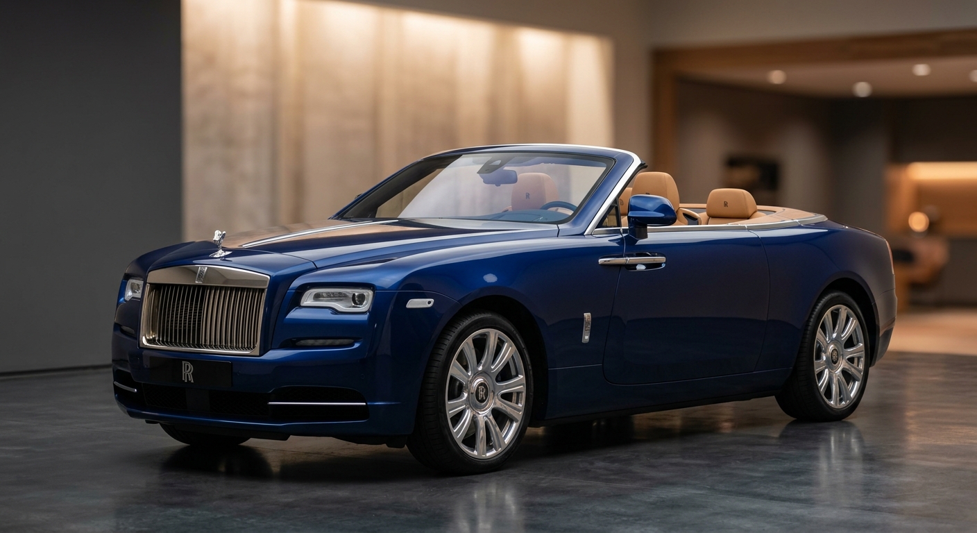 2018 Rolls-Royce Dawn luxury convertible photographed in elegant studio setting with soft warm lighting