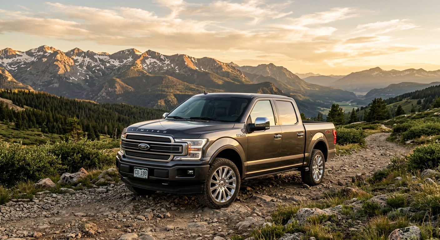 2019 Ford F-150 Limited pickup truck parked in dramatic outdoor setting with mountain landscape backdrop