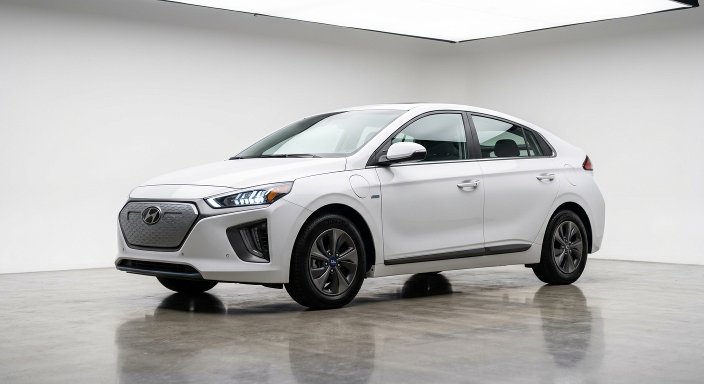 2019 Hyundai IONIQ Electric in white photographed in a clean, minimalist studio setting with soft lighting