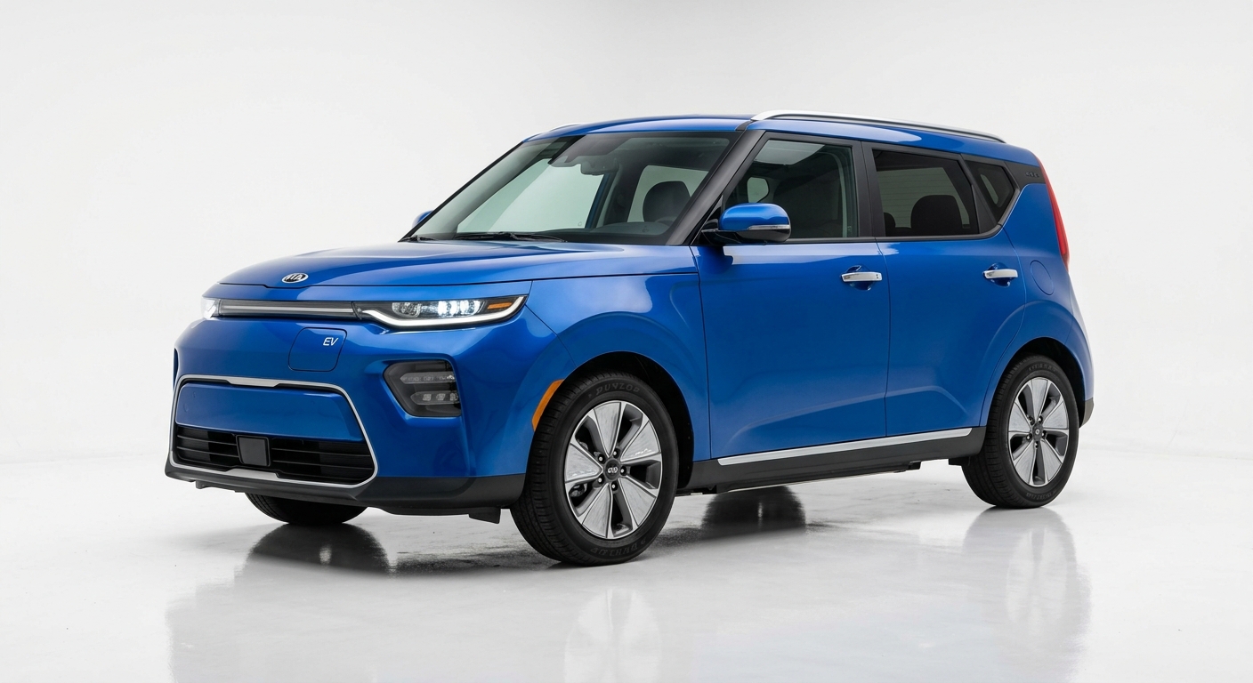 2019 Kia Soul EV electric crossover in bright studio lighting showing distinctive boxy design