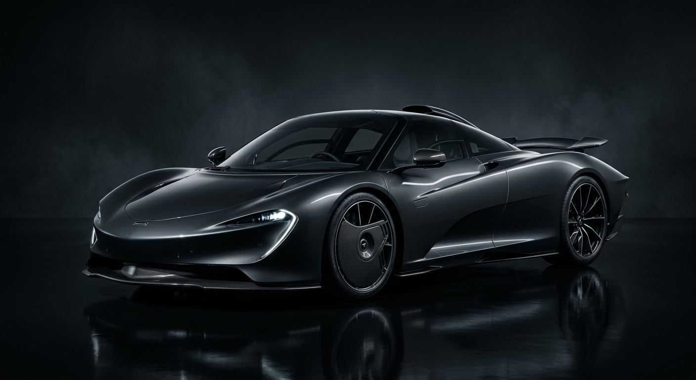 2019 McLaren Speedtail hybrid hypercar in dramatic studio lighting showcasing teardrop profile