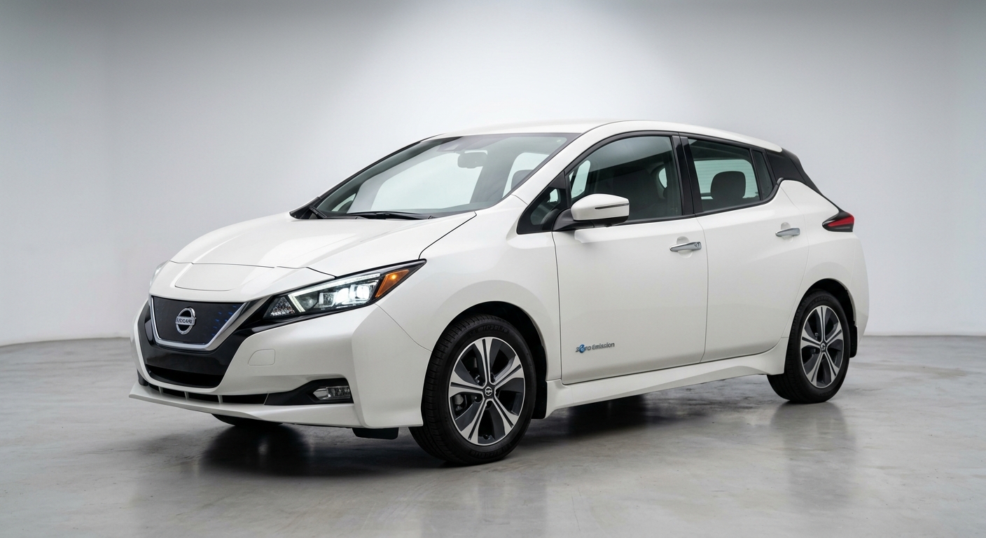 2019 Nissan LEAF e+ electric vehicle in clean studio setting with soft lighting
