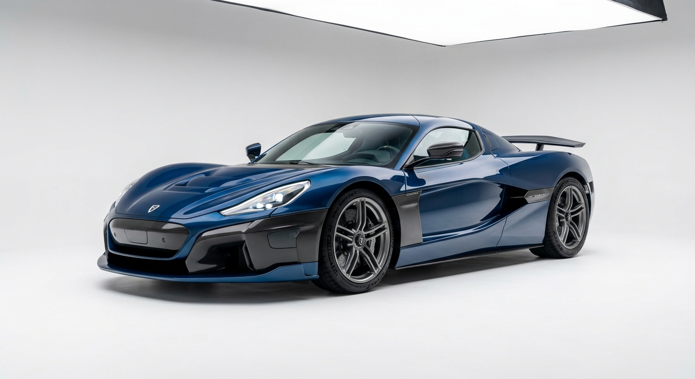 2019 Rimac Concept Two electric hypercar in dark blue finish photographed in minimal studio lighting