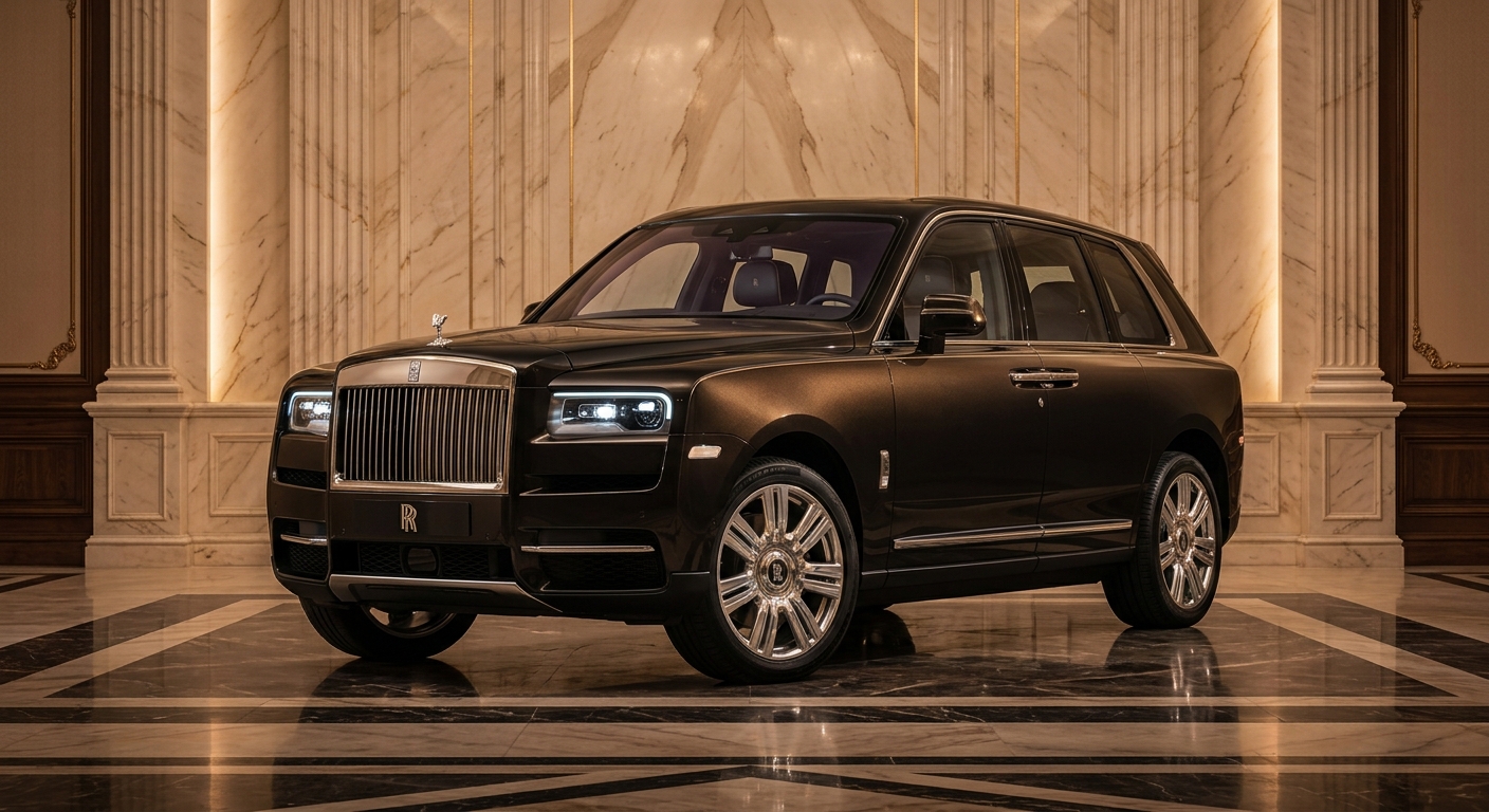 2019 Rolls-Royce Cullinan luxury SUV in elegant studio setting with soft warm lighting