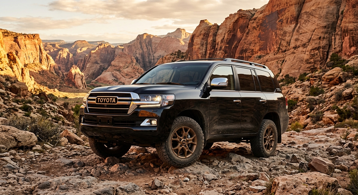 2019 Toyota Land Cruiser Heritage Edition SUV photographed in rugged mountain terrain with dramatic lighting
