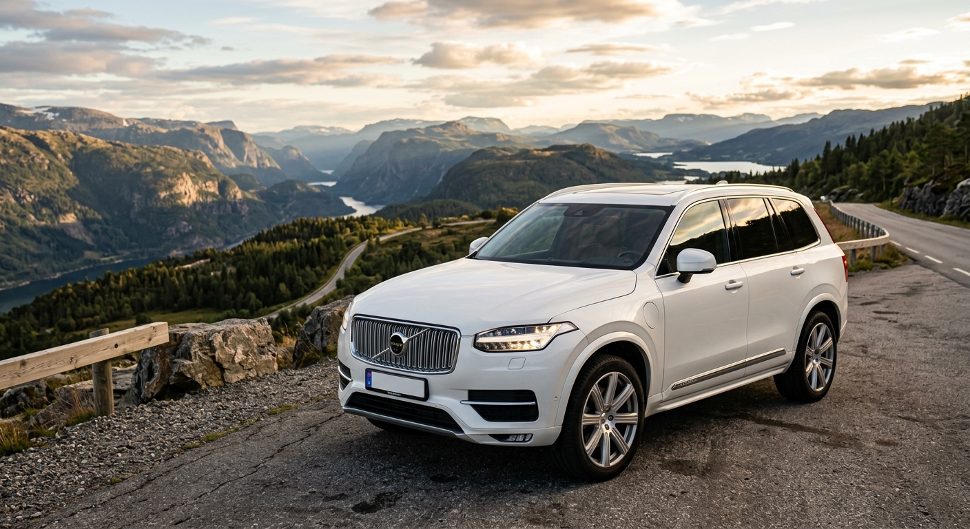 2019 Volvo XC90 T8 Inscription luxury hybrid SUV in crystal white parked on mountain overlook