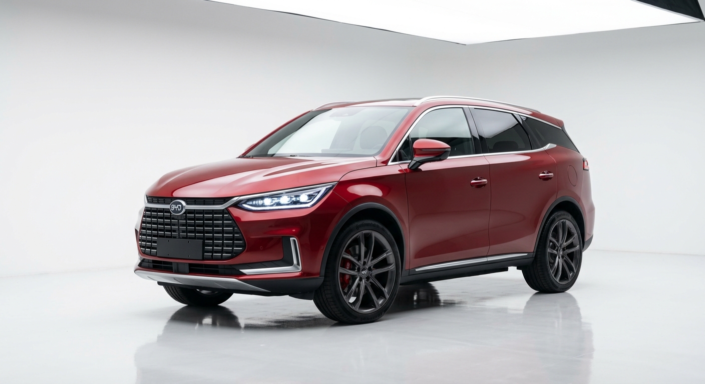2020 BYD Tang EV electric SUV in silver parked in modern studio with clean white background and soft lighting