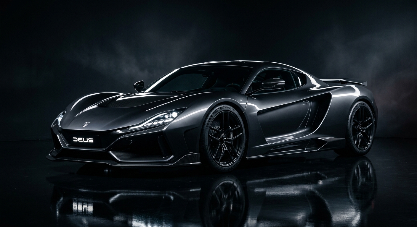2020 Deus Vayanne electric hypercar in dramatic studio lighting with dark background and reflective floor