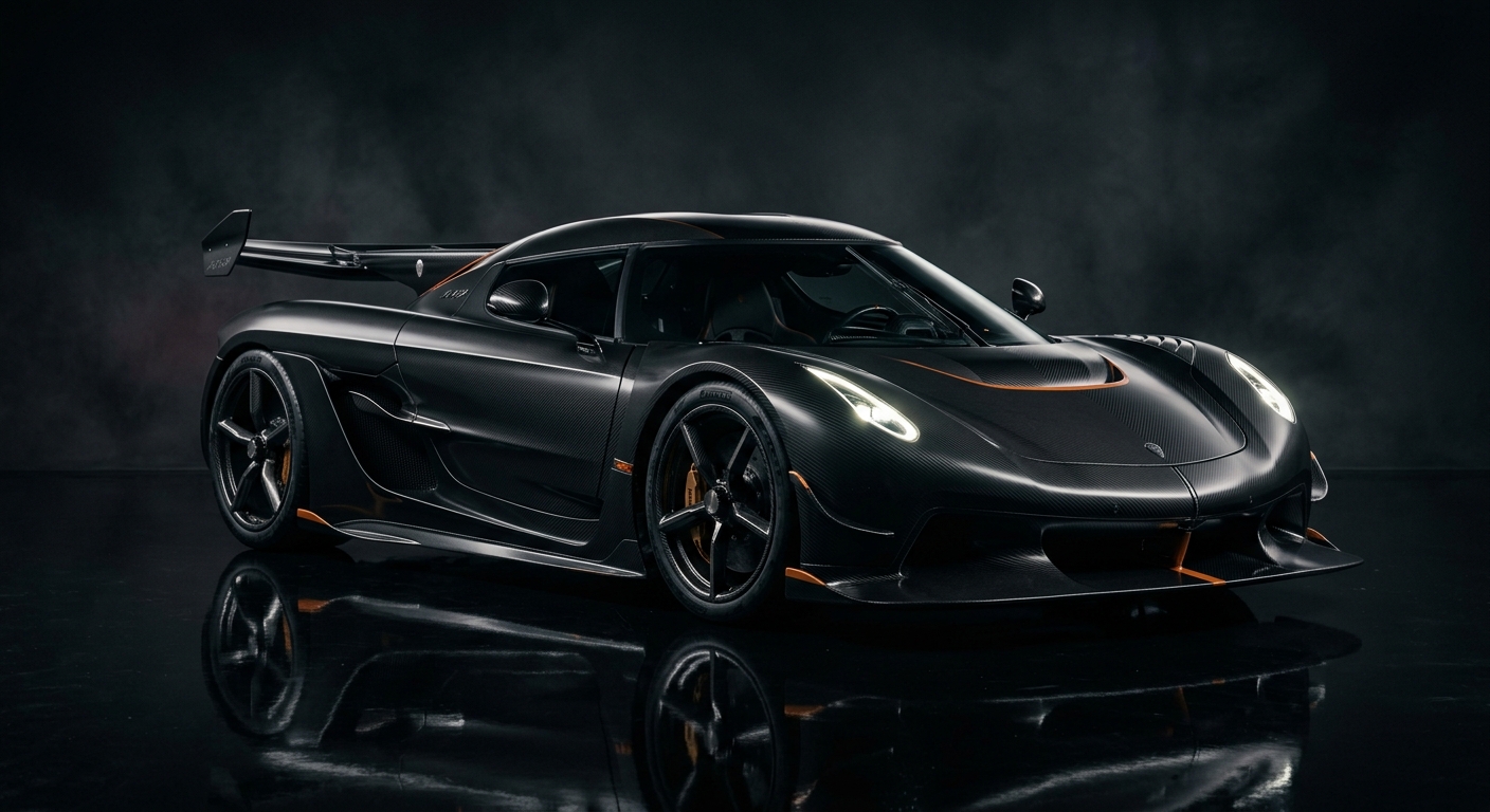 2020 Koenigsegg Jesko hypercar in dramatic studio lighting with dark background
