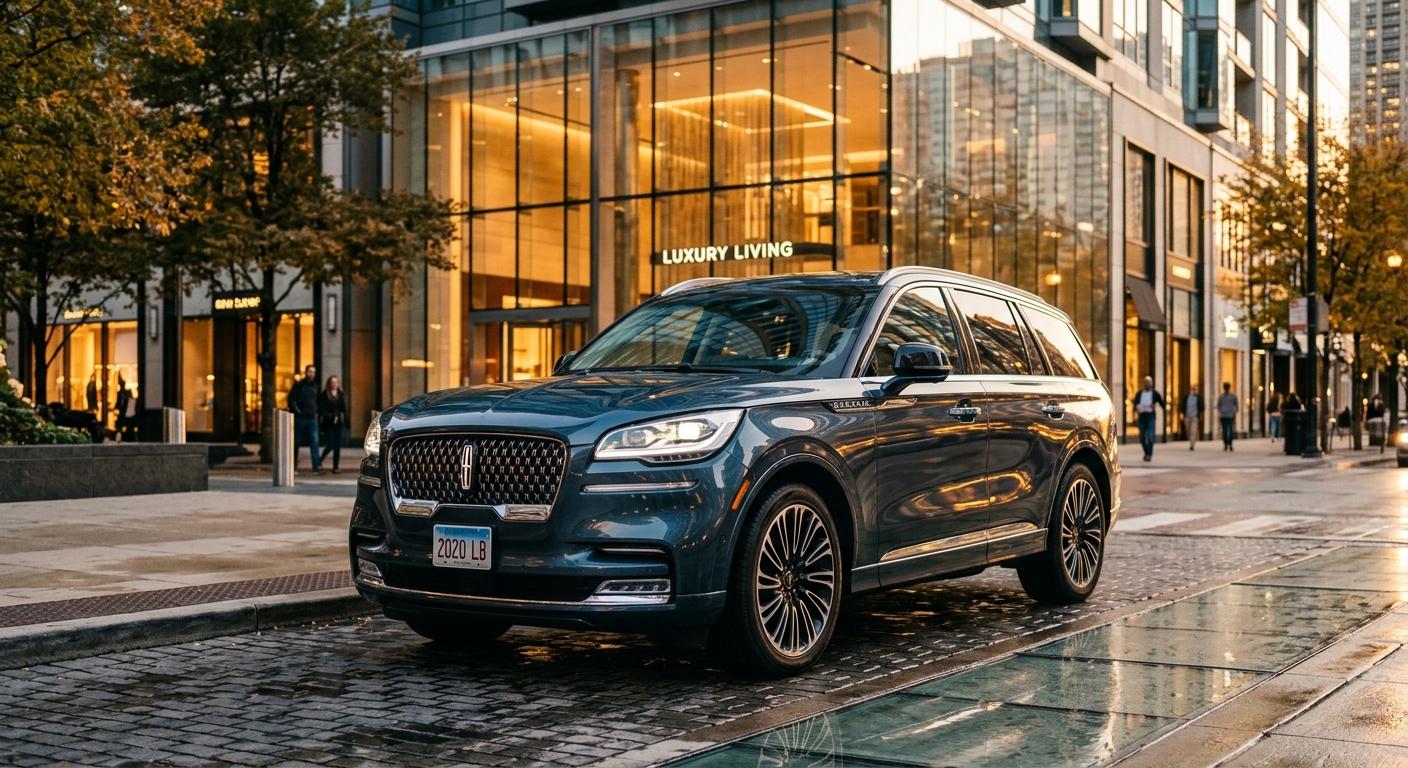 2020 Lincoln Aviator Black Label luxury SUV parked in elegant urban setting with dramatic lighting