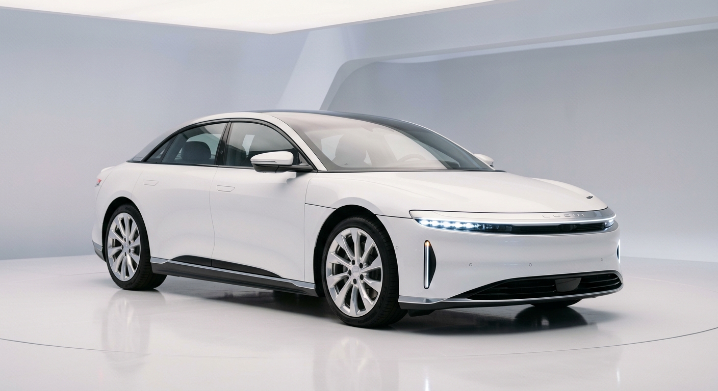 2020 Lucid Air Dream Edition Range electric luxury sedan in pristine white studio setting with clean minimal lighting
