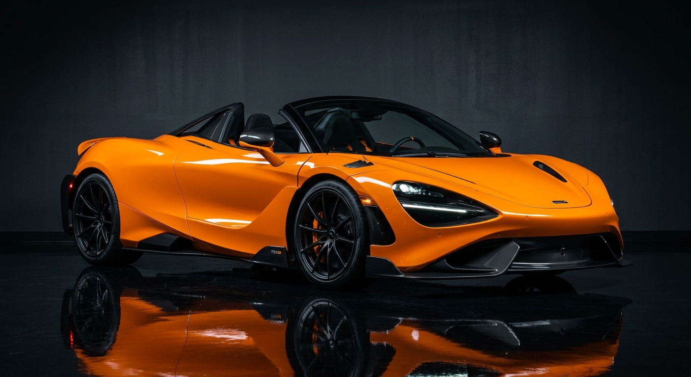 2020 McLaren 720S orange supercar in dramatic studio lighting with dark background