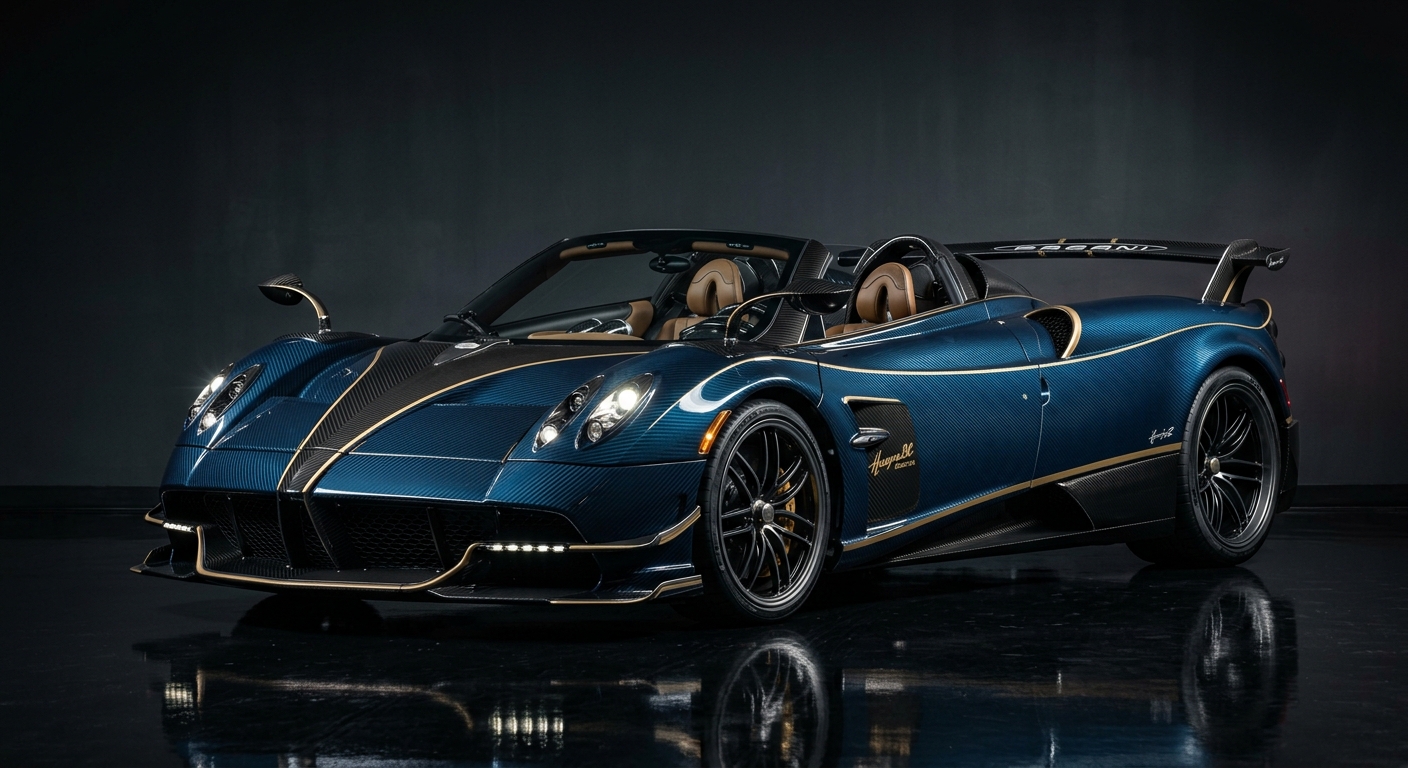 2020 Pagani Huayra BC Roadster supercar in dramatic studio lighting with dark background
