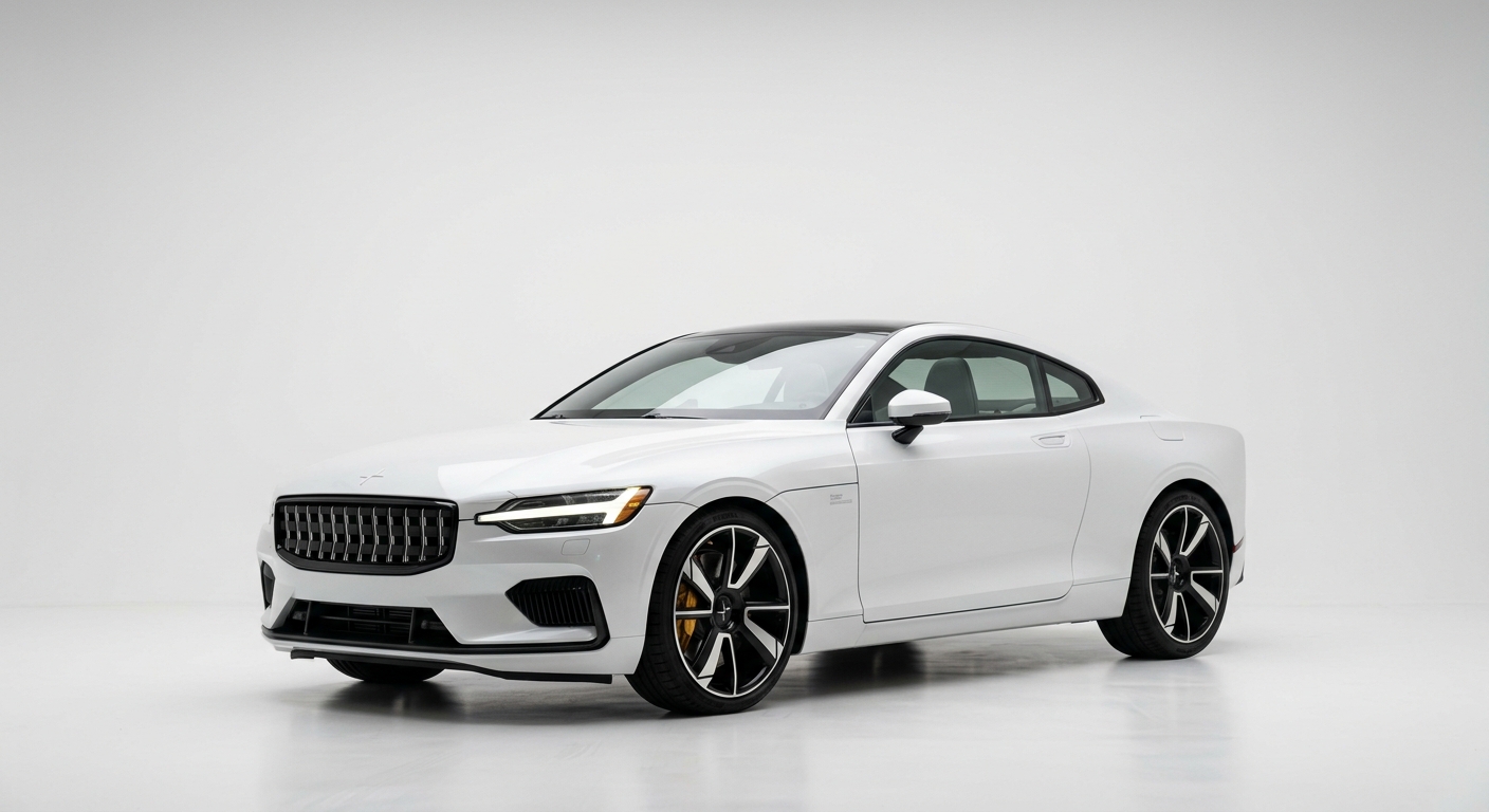 2020 Polestar 1 hybrid electric coupe in white studio lighting with minimalist background