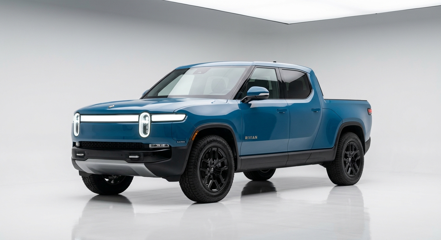 2020 Rivian R1T Launch Edition electric pickup truck in clean studio setting with soft lighting