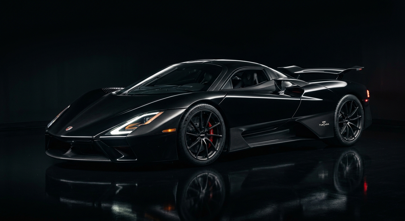 2020 SSC Tuatara hypercar in dramatic studio lighting showing sleek aerodynamic profile