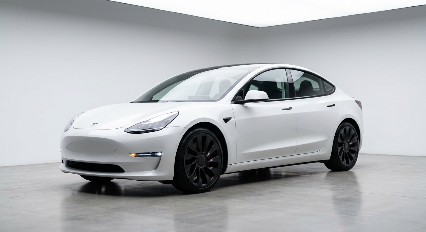2020 Tesla Model 3 Performance electric sedan in a clean minimal studio setting with soft lighting