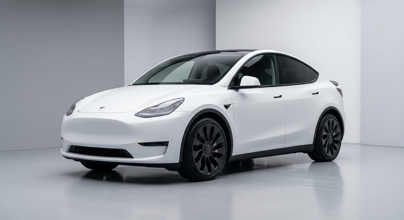 2020 Tesla Model Y Performance electric crossover in Pearl White Multi-Coat finish in modern studio setting