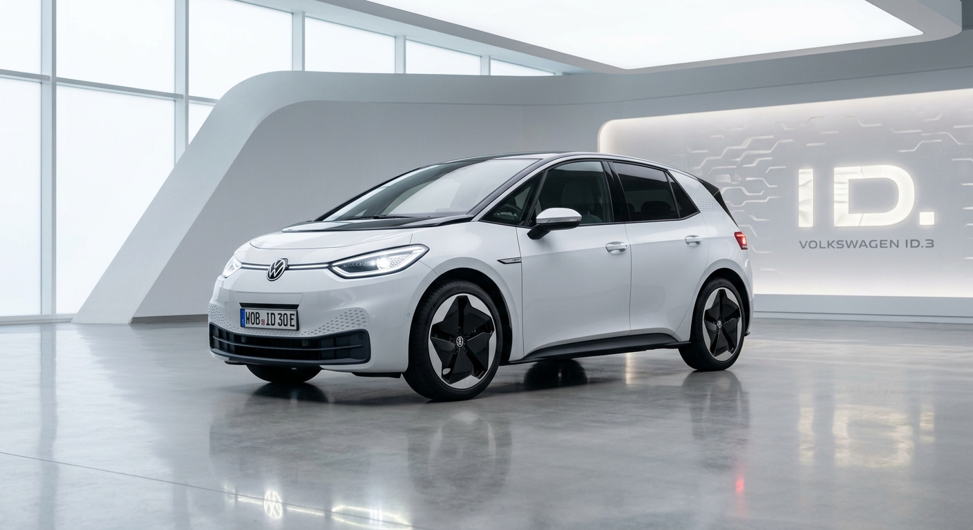 2020 Volkswagen ID.3 electric hatchback in clean minimal studio setting with soft lighting