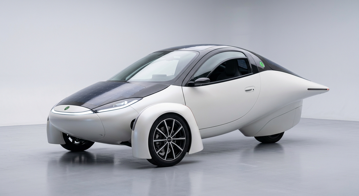 2021 Aptera Launch Edition three-wheeled solar electric vehicle in clean studio setting with soft lighting