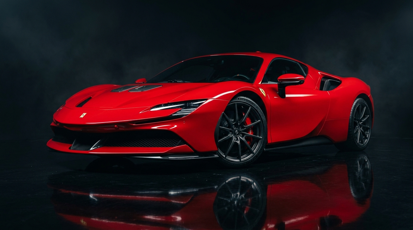 2021 Ferrari SF90 Stradale in Rosso Corsa, low 3/4 front angle, studio lighting