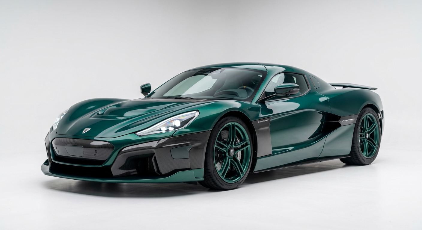 2021 Rimac Nevera electric hypercar in metallic blue finish photographed in minimal studio setting with clean white background